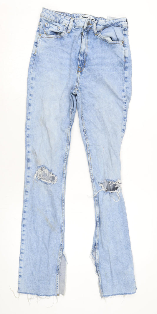 Zara Womens Blue Cotton Blend Bootcut Jeans Size 10 L31 in Regular Zip - Inside side vents to legs.