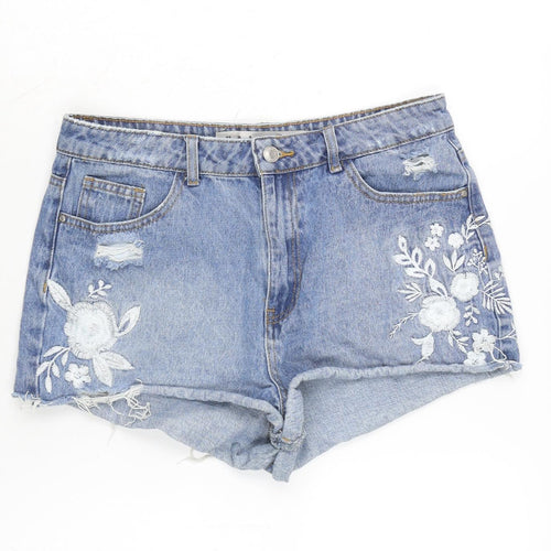 Denim & Co. Womens Blue Cotton Cut-Off Shorts Size 12 Regular Zip - Embroidery Detail