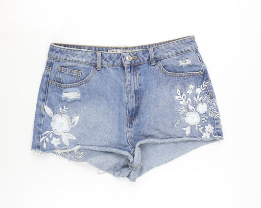 Denim & Co. Womens Blue Cotton Cut-Off Shorts Size 12 Regular Zip - Embroidery Detail