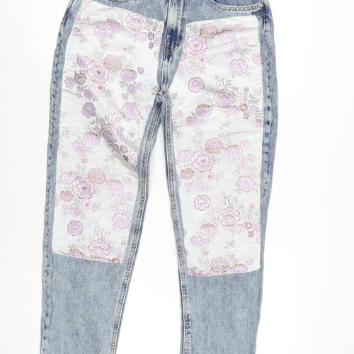 Berksha Womens Blue Floral Cotton Blend Straight Jeans Size 6 L28 in Regular Zip - Silky floral design to front legs.