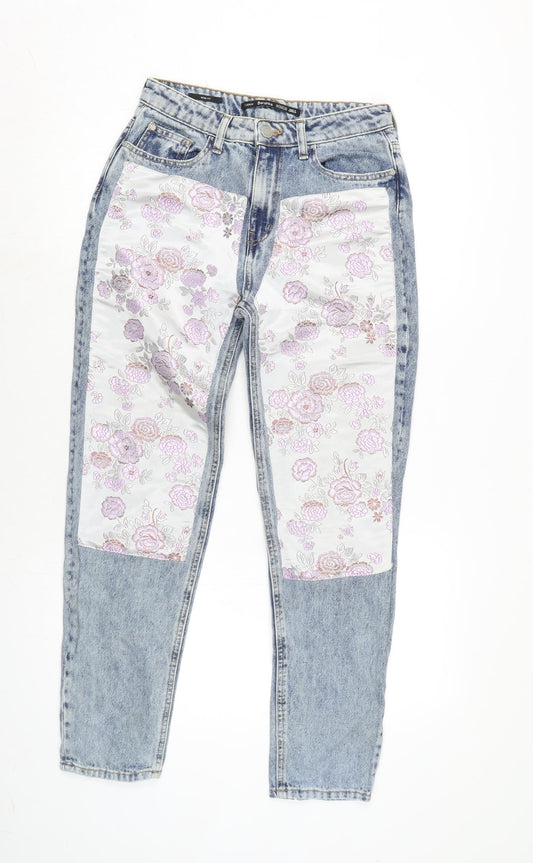 Berksha Womens Blue Floral Cotton Blend Straight Jeans Size 6 L28 in Regular Zip - Silky floral design to front legs.