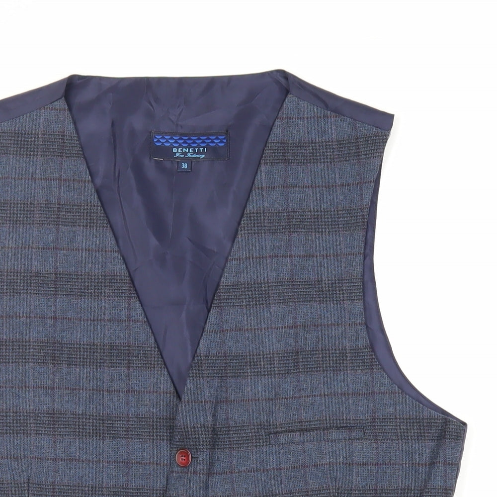 Brnetti Mens Blue Plaid Polyester Jacket Suit Waistcoat Size 38 Regular