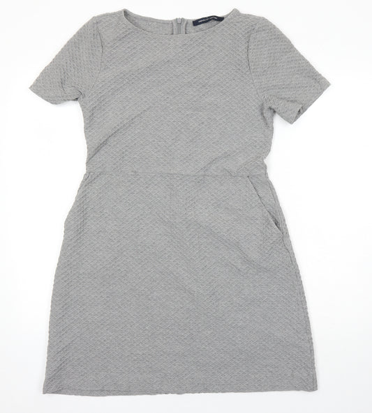 French Connection Womens Grey Cotton Skater Dress Size 14 Round Neck Zip - Pockets