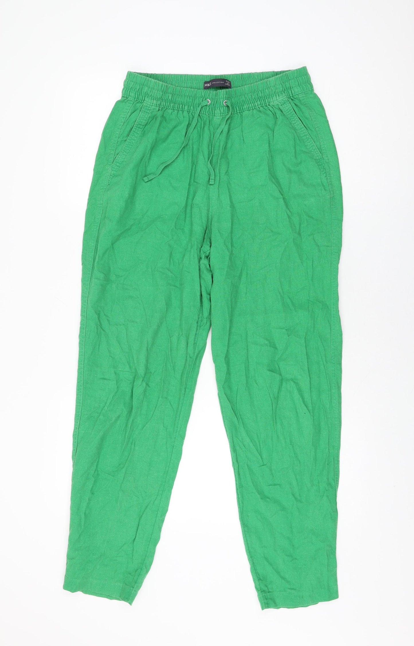 Marks and Spencer Womens Green Linen Trousers Size 10 L28.5 in Regular Drawstring