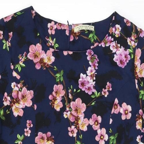 Innocence Womens Blue Floral Polyester Shift Size 14 Round Neck Zip