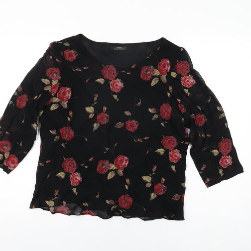 Marks and Spencer Womens Black Floral Viscose Basic Blouse Size 16 Round Neck