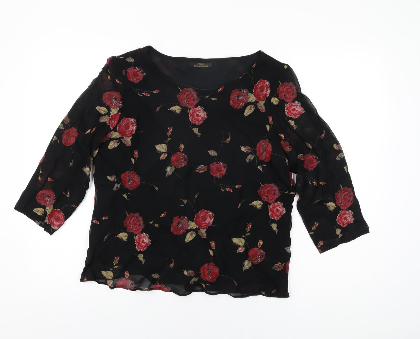 Marks and Spencer Womens Black Floral Viscose Basic Blouse Size 16 Round Neck