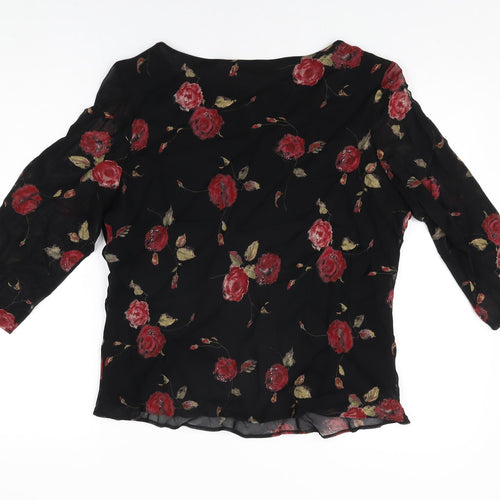 Marks and Spencer Womens Black Floral Viscose Basic Blouse Size 16 Round Neck