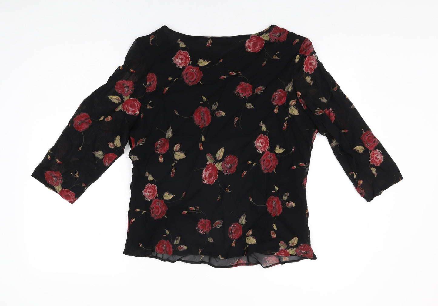 Marks and Spencer Womens Black Floral Viscose Basic Blouse Size 16 Round Neck