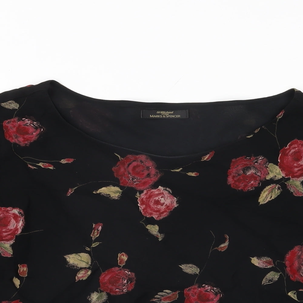 Marks and Spencer Womens Black Floral Viscose Basic Blouse Size 16 Round Neck