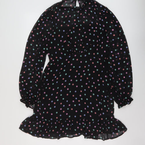 New Look Womens Black Polka Dot Polyester A-Line Size 14 Mock Neck Button