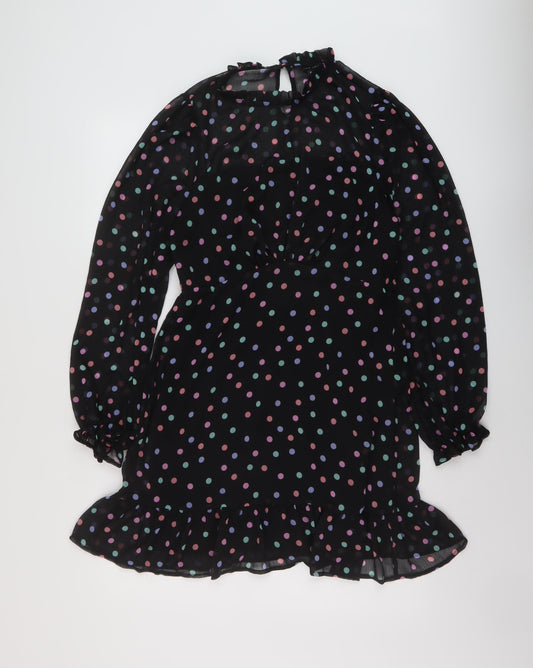 New Look Womens Black Polka Dot Polyester A-Line Size 14 Mock Neck Button