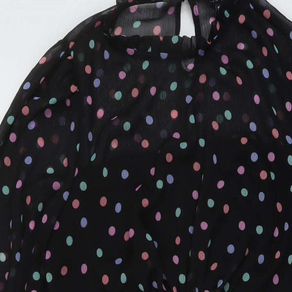 New Look Womens Black Polka Dot Polyester A-Line Size 14 Mock Neck Button