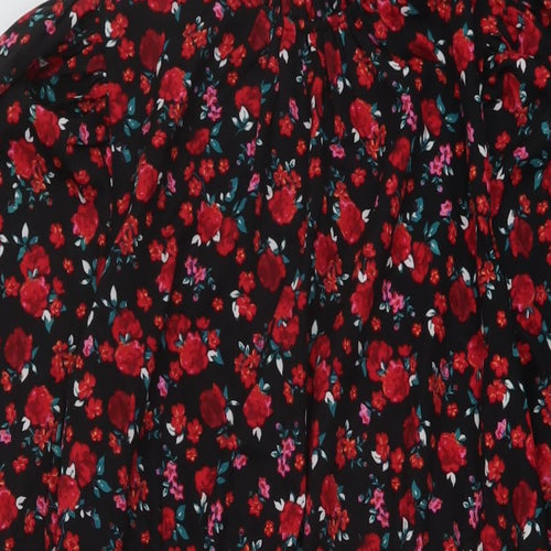 New Look Womens Black Floral Polyester A-Line Size 14 Mock Neck Button