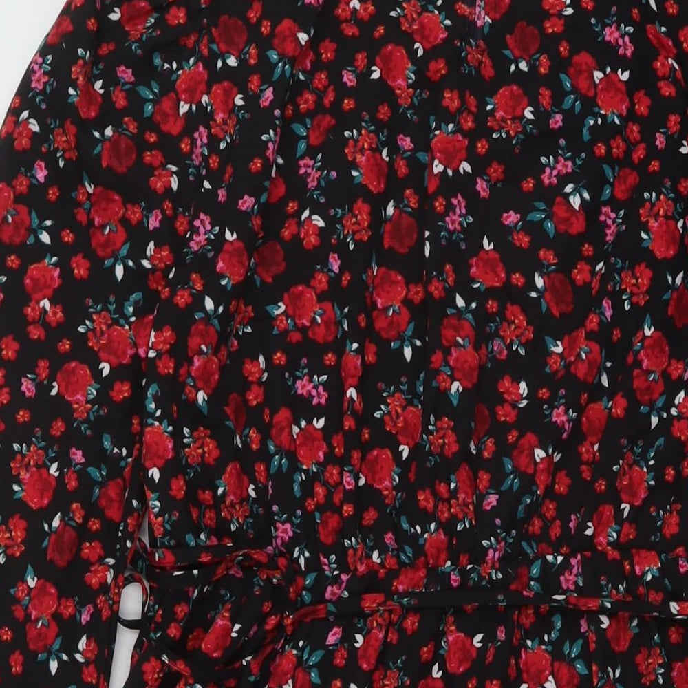 New Look Womens Black Floral Polyester A-Line Size 14 Mock Neck Button