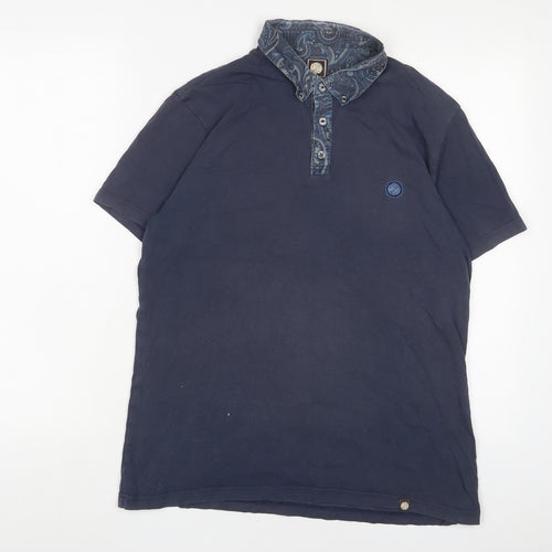 Pretty Green Mens Blue Cotton Polo Size L Collared Button - Logo, Embroidered