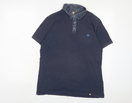 Pretty Green Mens Blue Cotton Polo Size L Collared Button - Logo, Embroidered