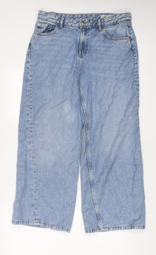 Marks and Spencer Womens Blue Cotton Wide-Leg Jeans Size 12 L27 in Regular Zip