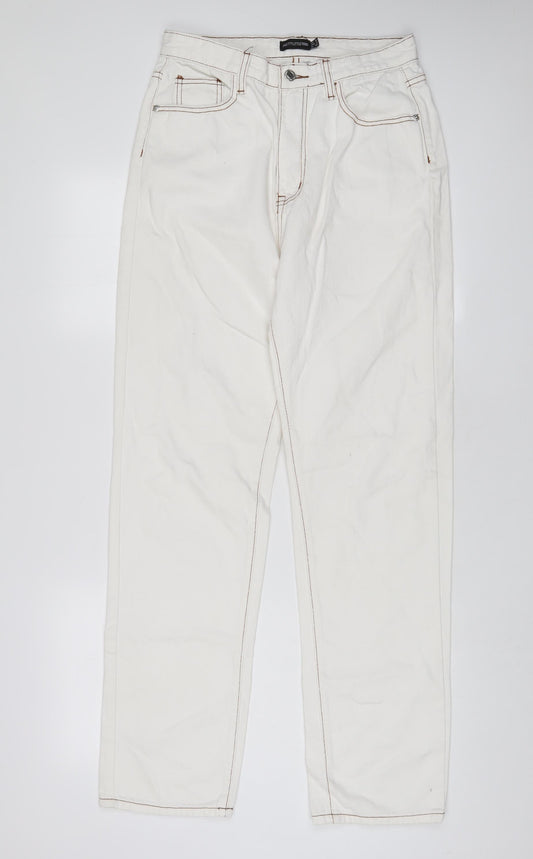 PRETTYLITTLETHING Womens White Cotton Straight Jeans Size 10 L32 in Regular Zip