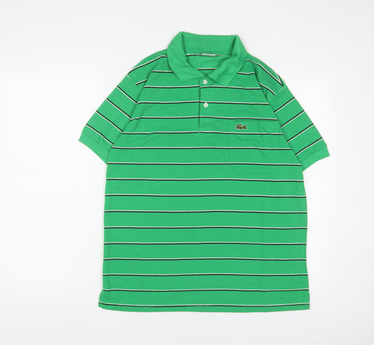 Lacoste Mens Green Striped Polyester Polo Size L Collared Button - Logo, Embroidered