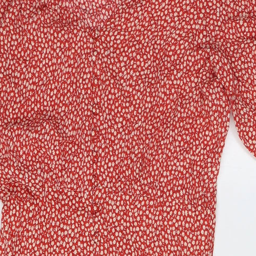 H&M Womens Red Floral Polyester A-Line Size 14 V-Neck Button - Tie Sleeves