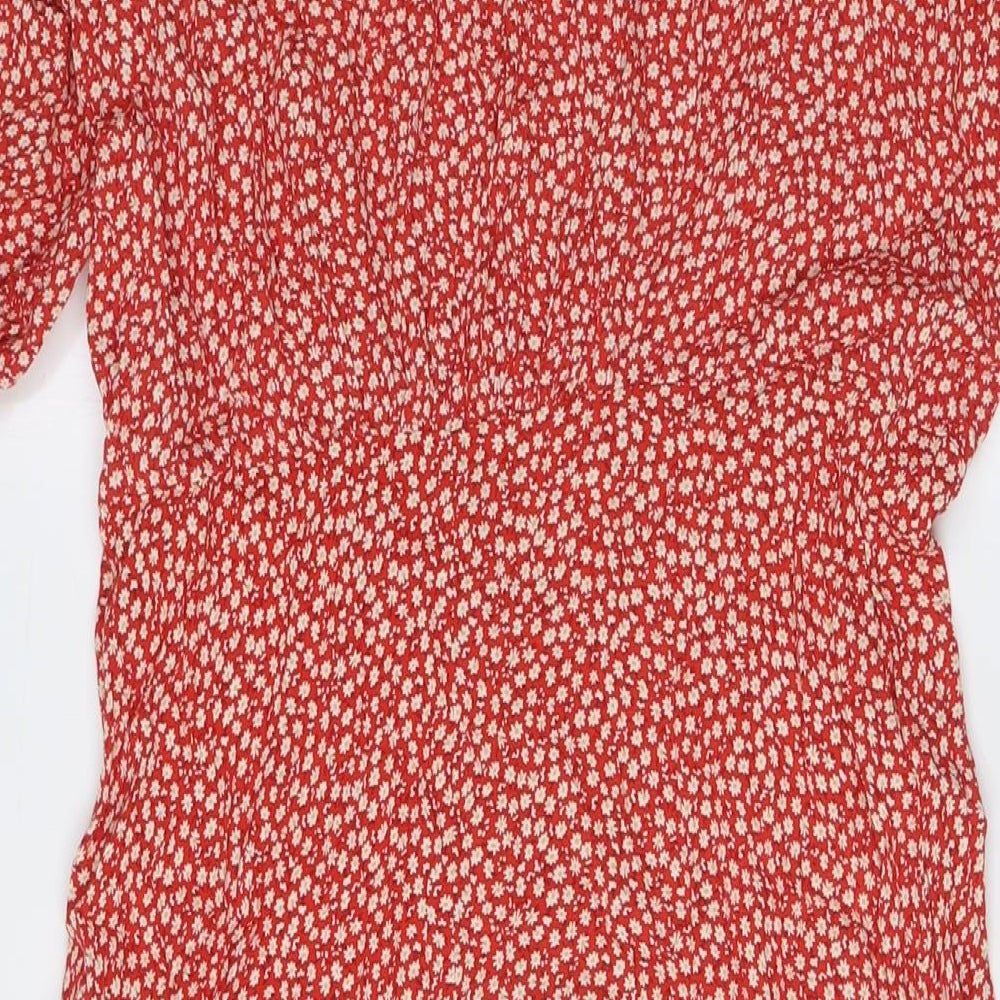 H&M Womens Red Floral Polyester A-Line Size 14 V-Neck Button - Tie Sleeves