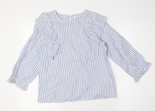 Zara Girls Blue Striped Cotton Basic Blouse Size 13-14 Years Round Neck Button