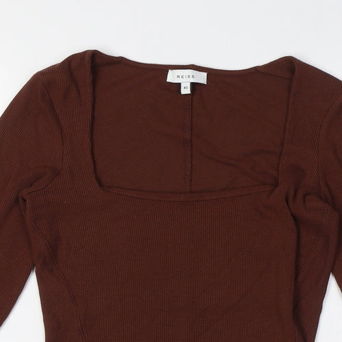 Reiss Womens Brown Polyester Basic T-Shirt Size XS Square Neck - Ribbed