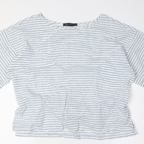 Marks and Spencer Womens Blue Striped Flax Basic Blouse Size 12 Boat Neck - Tie Back