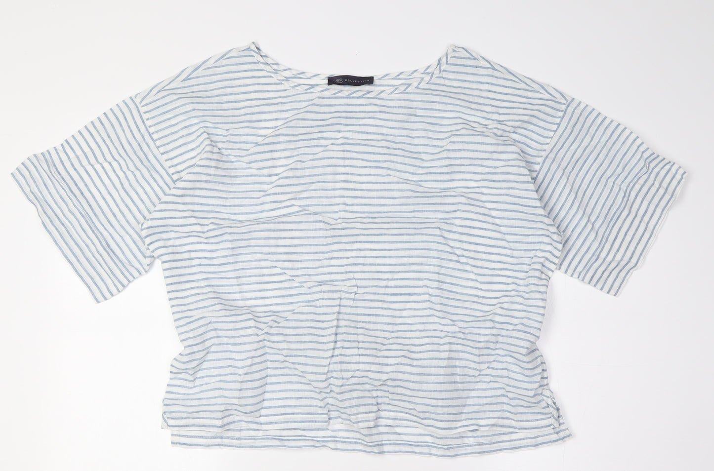 Marks and Spencer Womens Blue Striped Flax Basic Blouse Size 12 Boat Neck - Tie Back