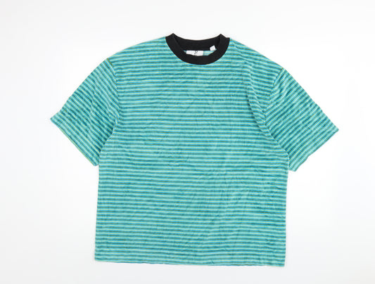 COLLUSION Mens Blue Striped Cotton T-Shirt Size L Round Neck