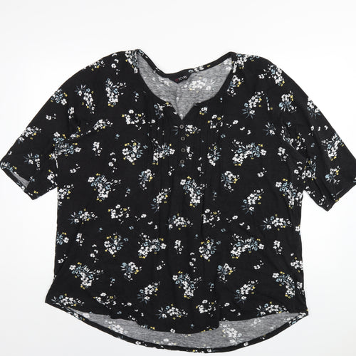 Yours Womens Black Floral Cotton Basic T-Shirt Size 22 V-Neck