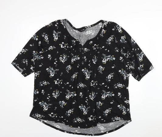 Yours Womens Black Floral Cotton Basic T-Shirt Size 22 V-Neck