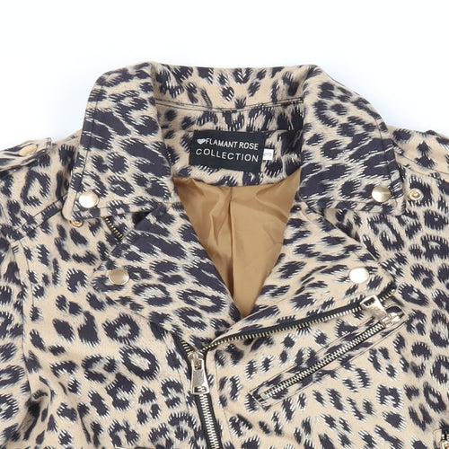 Flamant Rose Womens Beige Animal Print Biker Jacket Size S Zip - Belted