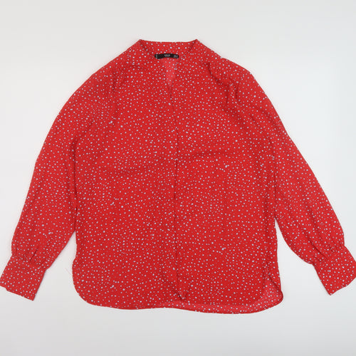 Mango Womens Red Polka Dot Polyester Basic Blouse Size XS V-Neck