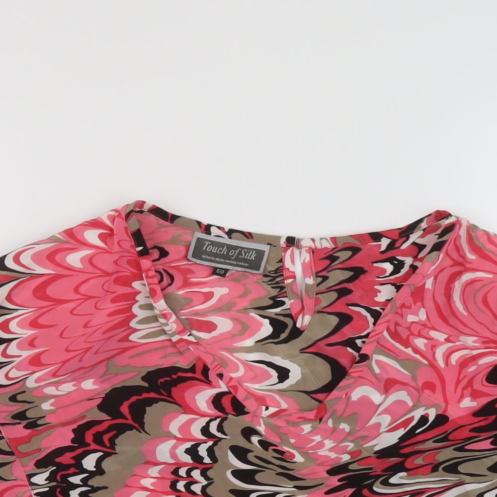 Touch of Silk Womens Pink Geometric Silk Basic T-Shirt Size 22 V-Neck