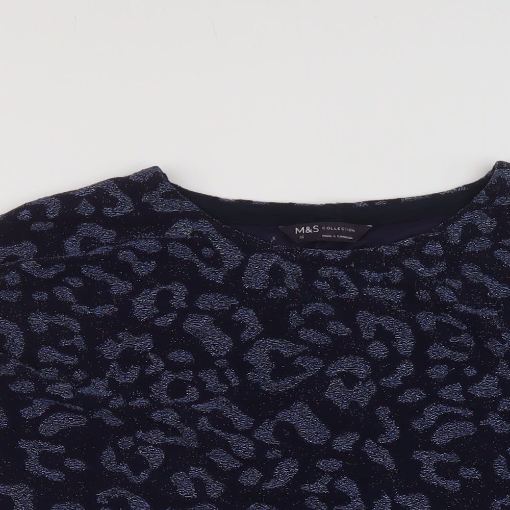 Marks and Spencer Womens Blue Animal Print Polyamide Basic Blouse Size 16 Round Neck