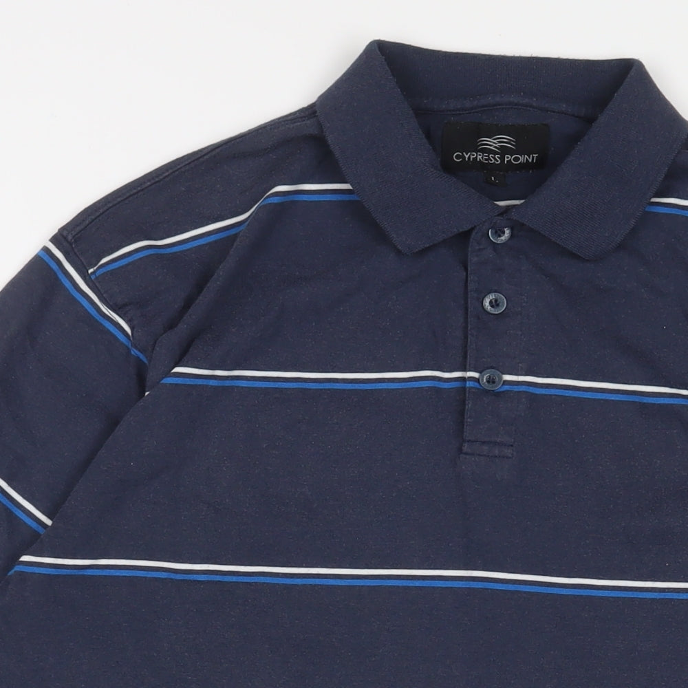 Cypress Point Mens Blue Striped Cotton Polo Size L Collared Button