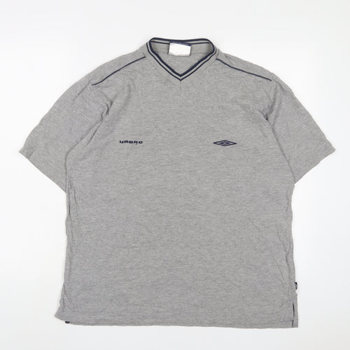 Umbro Mens Grey Cotton T-Shirt Size L V-Neck - Logo, Embroidered