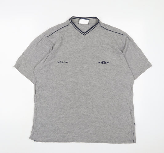 Umbro Mens Grey Cotton T-Shirt Size L V-Neck - Logo, Embroidered