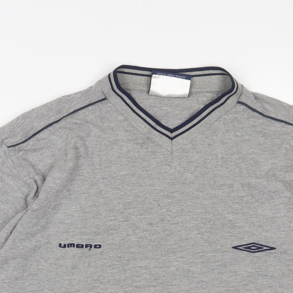 Umbro Mens Grey Cotton T-Shirt Size L V-Neck - Logo, Embroidered