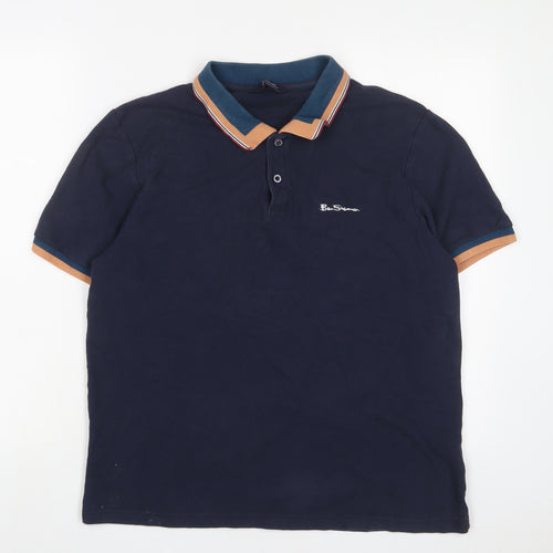 Ben Sherman Mens Blue Cotton Polo Size L Collared Button - Logo, Embroidered