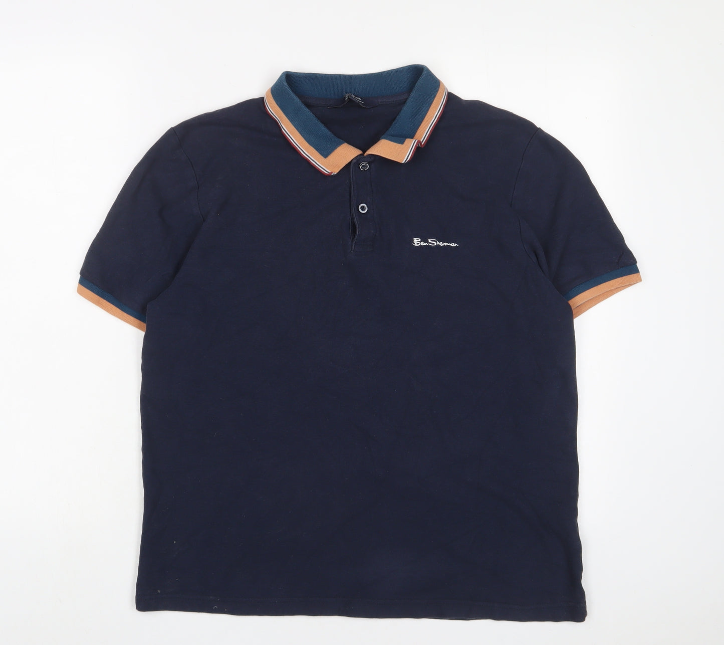 Ben Sherman Mens Blue Cotton Polo Size L Collared Button - Logo, Embroidered