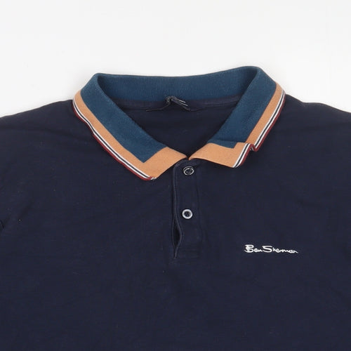 Ben Sherman Mens Blue Cotton Polo Size L Collared Button - Logo, Embroidered