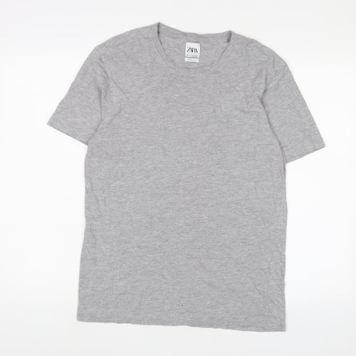 Zara Mens Grey Cotton T-Shirt Size M Crew Neck