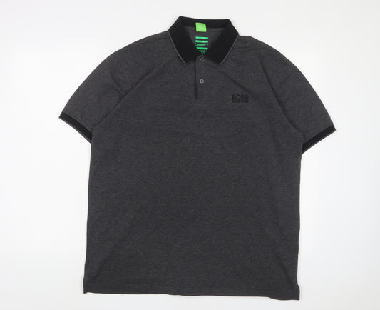 HUGO BOSS Mens Grey Cotton Polo Size 2XL Collared Button