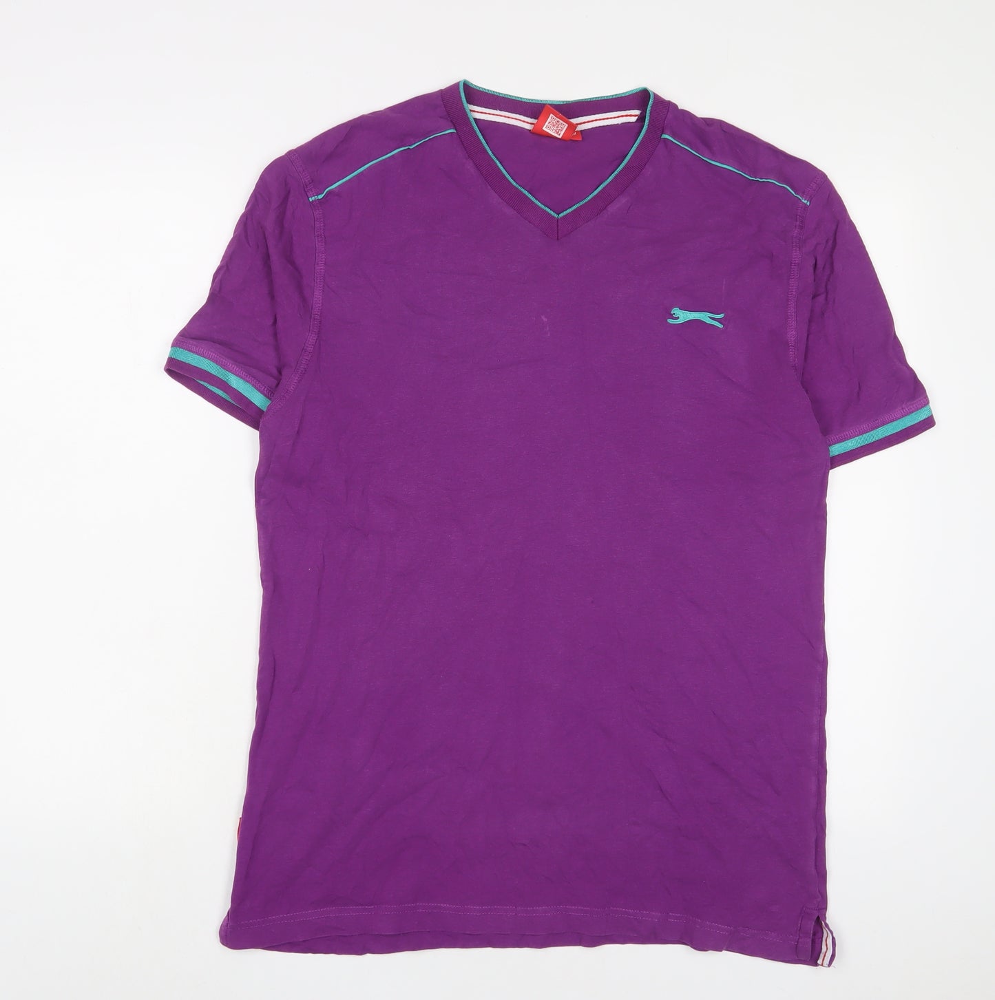 Slazenger Mens Purple Cotton T-Shirt Size M V-Neck - Logo, Embroidered