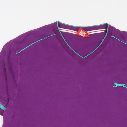 Slazenger Mens Purple Cotton T-Shirt Size M V-Neck - Logo, Embroidered