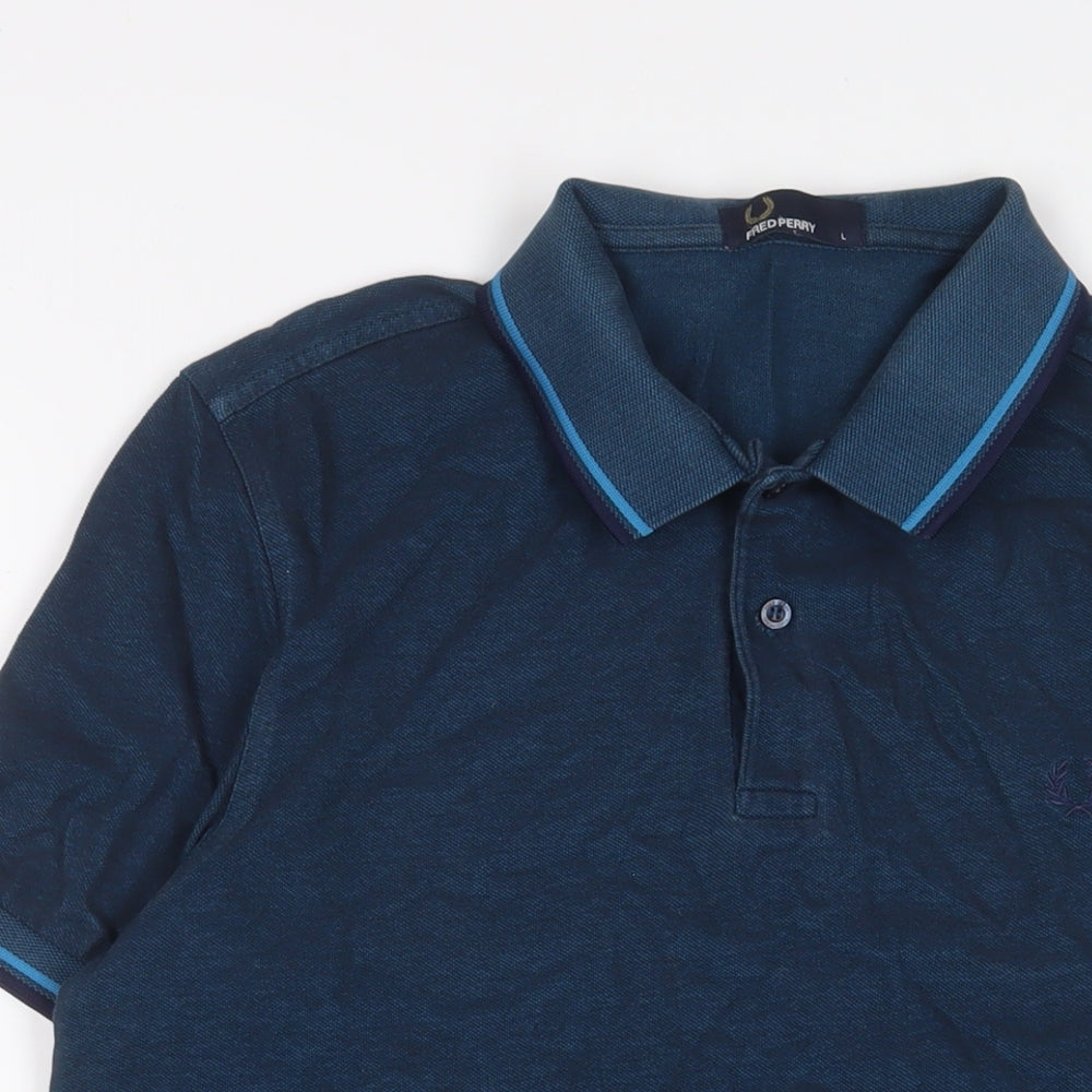 Fred Perry Mens Blue Cotton Polo Size L Collared Button - Logo, Embroidered