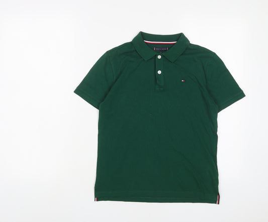 Tommy Hilfiger Boys Green Cotton Basic Polo Size 12 Years Collared Button - Logo, Embroidered